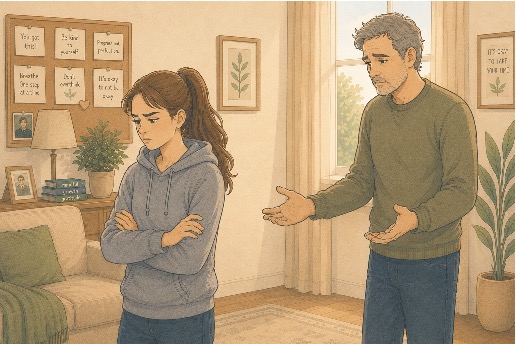 Teenage daughter feeling upset and emotionally distant from her father, reflecting signs of an enmeshed father-daughter relationship