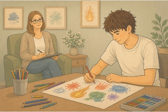 Teen drawing abstract shapes to express trauma-related emotions during an art therapy session with a licensed therapist