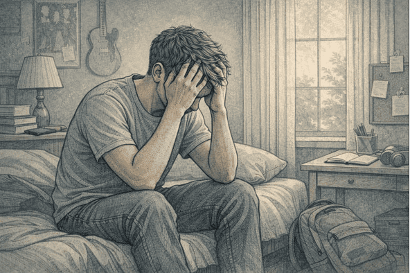 Teen boy sitting on a bed with head in hands, appearing distressed in a bedroom.