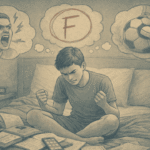 Frustrated teen on his bed surrounded by homework, with thought bubbles showing an angry parent.