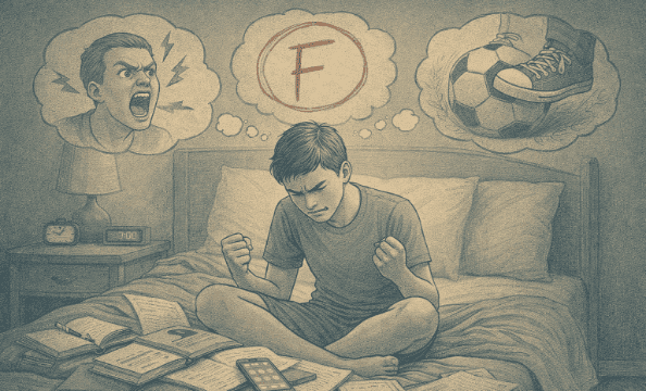 Frustrated teen on his bed surrounded by homework, with thought bubbles showing an angry parent.