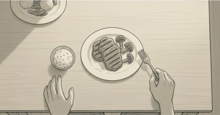 A person's hands at a dinner table, with a plate of grilled meat and broccoli, and a small bowl of rice.