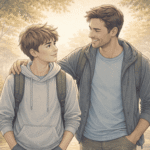 Father with arm around teen son's shoulder, both smiling while walking on forest path.