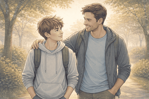 Father with arm around teen son's shoulder, both smiling while walking on forest path.