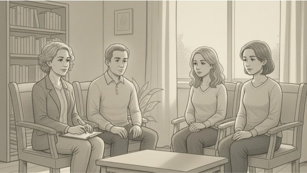 Four people are seated in a softly lit room during a family therapy session.