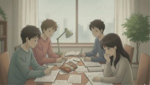 Four students are sitting around a table working together, while the girl feels a bit anxious.