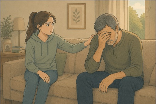 Teen girl appearing emotionally exhausted while comforting her father, illustrating the role reversal common in enmeshed relationships.