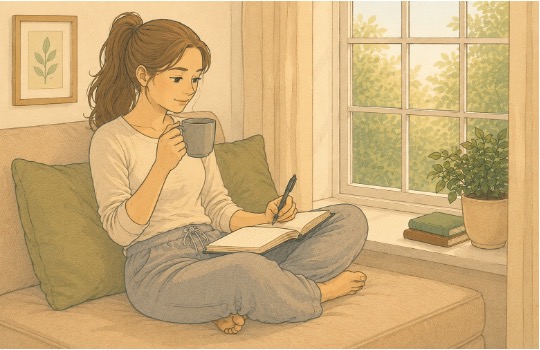Young woman journaling independently by a window, representing the healthy self-reflection teens can develop when healing from enmeshment-related guilt