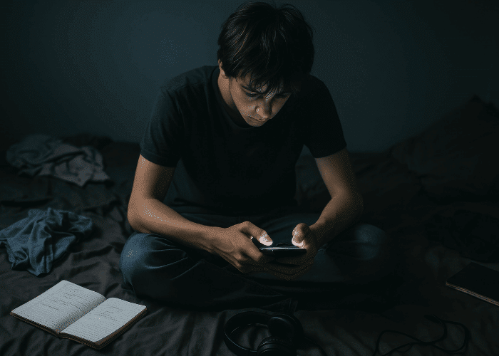 teen boy on bed looking at phone needing support with teen mental health and social media