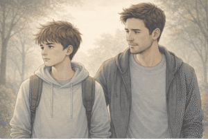 Teen boy and adult man with backpacks standing side by side, walking along a roa