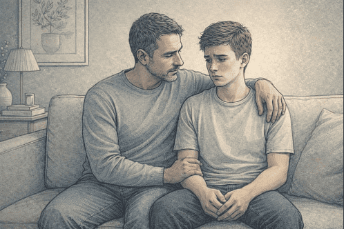 Father with an arm around a concerned-looking teen son sitting on a couch in a living room.