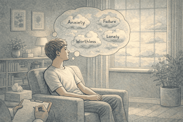 Teenage boy practicing cognitive defusion technique by observing negative thoughts as passing clouds, learning to separate himself from depressive thinking patterns during the therapy session.