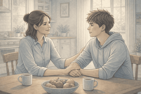 Mother and teen son holding hands across the kitchen table in a supportive conversation.