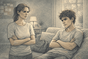 Parent observing their teenage child displaying defiant behavior during a tense conversation at home, with visible frustration and concern on the parent's face.
