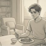 A teenage boy sitting at a dining table, looking down at a plate of food with a worried expression.