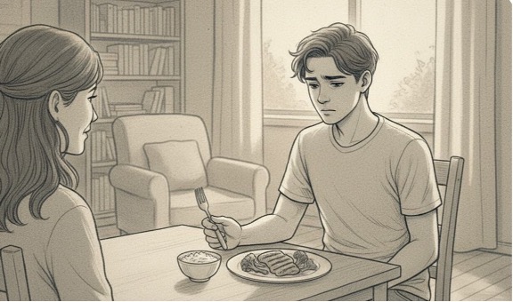A teenage boy sitting at a dining table, looking down at a plate of food with a worried expression.