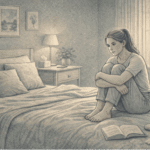 Teenage girl sitting quietly in her bedroom experiencing symptoms of depression while processing difficult emotions and navigating the challenges of adolescent mental health.