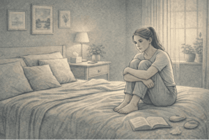 Teenage girl sitting quietly in her bedroom experiencing symptoms of depression while processing difficult emotions and navigating the challenges of adolescent mental health.