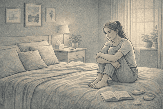 Teenage girl sitting quietly in her bedroom experiencing symptoms of depression while processing difficult emotions and navigating the challenges of adolescent mental health.