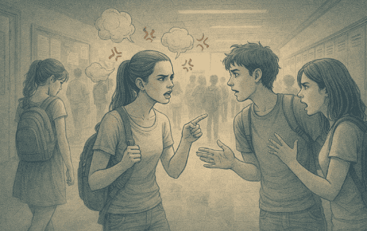 Teenagers arguing in a school hallway.