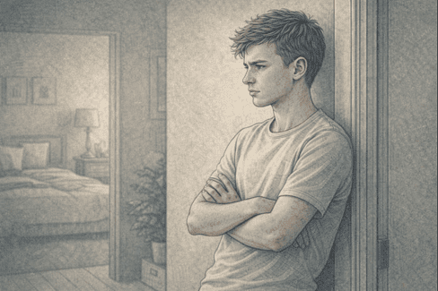 Teen boy displaying defiant body language and withdrawal, illustrating symptoms of ODD.