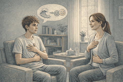 Teen participating in a therapy session with a counselor, learning emotional regulation techniques and coping strategies to manage oppositional behavior and improve family relationships.