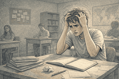 Teenage boy experiencing anxiety symptoms shown through physical tension and worried facial expression while sitting at a school desk surrounded by books and papers.