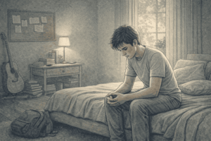 Teenage boy sitting alone in his bedroom, looking withdrawn and sad, staring down at his hands while natural light filters through the window.