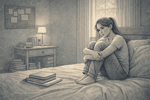 Teenage girl experiencing persistent sadness and emotional numbness, sitting curled up on her bed with a distant expression while textbooks lie unopened nearby.