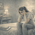 Teenage girl sitting alone on her bed experiencing anxiety symptoms, holding her head in her hands with a worried expression in a softly lit bedroom.