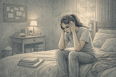 Teenage girl sitting alone on her bed experiencing anxiety symptoms, holding her head in her hands with a worried expression in a softly lit bedroom.