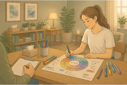 Teenage girl working on an emotion wheel worksheet, identifying different feelings for her trauma recovery