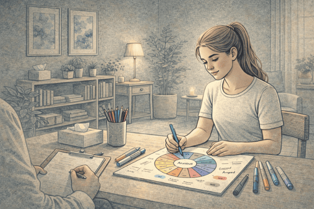 Teenage girl working on an emotion wheel worksheet with colored markers, identifying and naming different feelings as part of her trauma recovery process in a therapeutic setting.