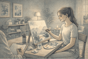 Teenage girl participating in art therapy session, painting on canvas while seated at a table in a calm, supportive therapeutic environment designed for trauma recovery.