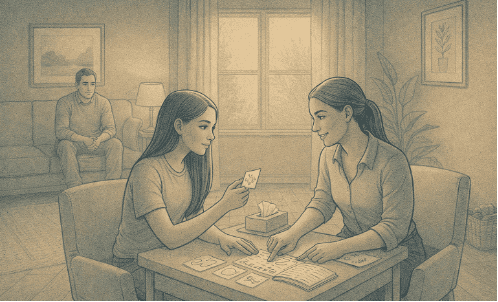 Teen girl working with a therapist using emotion cards.