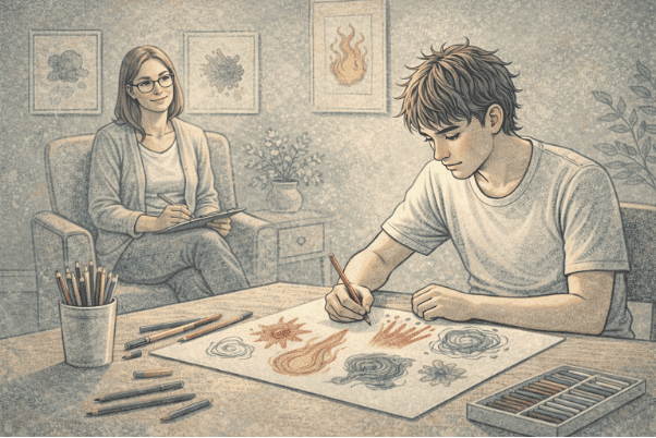 Teenage boy using colored pencils to draw abstract shapes representing emotions during an art therapy session, with a licensed therapist observing supportively in the background.