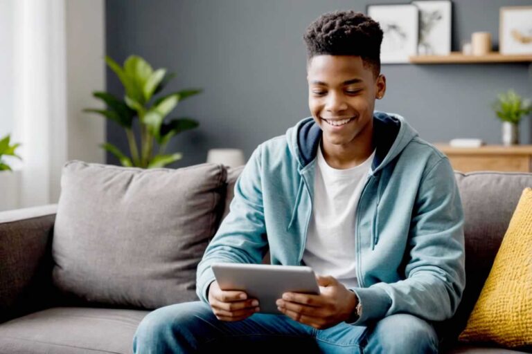 Teen boy sitting on couch smiling while looking at tablet during virtual outpatient mental health treatment
