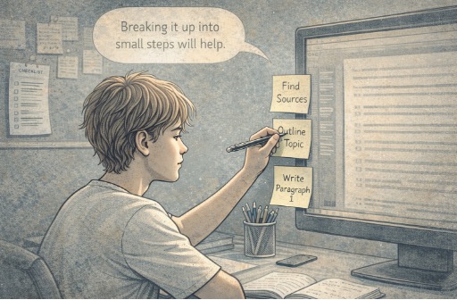 Teen writing a short checklist of study tasks on sticky notes at a desk, breaking a large assignment into smaller steps.