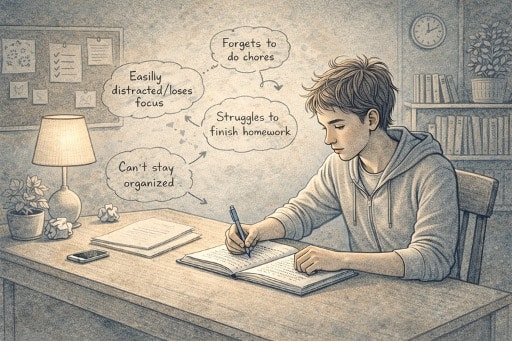 Teen writing notes in a journal at a desk, listing specific examples of ADHD-related challenges they want to share with their parents during an upcoming conversation.