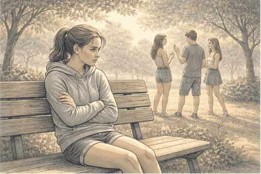 A teenage girl in a long-sleeved hoodie sitting alone on a park bench on a sunny day, arms crossed, and gaze averted, while peers in the background wear summer clothing.