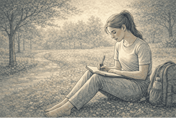 A teenager journaling outdoors to practice self-reflection and manage social anxiety symptoms.