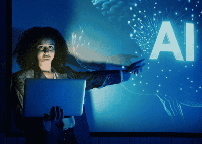 Teen standing by screen giving presentation after support with AI and teen mental health