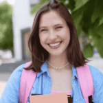Teenage girl outside school holding books smiling after support with new laws in Virginia