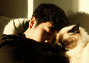 Teen boy laying on bed needing support with pet grief