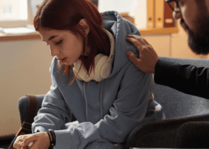 Teenage girl sitting with her dad comforting her whilst she is experiencing shame-based social anxiety