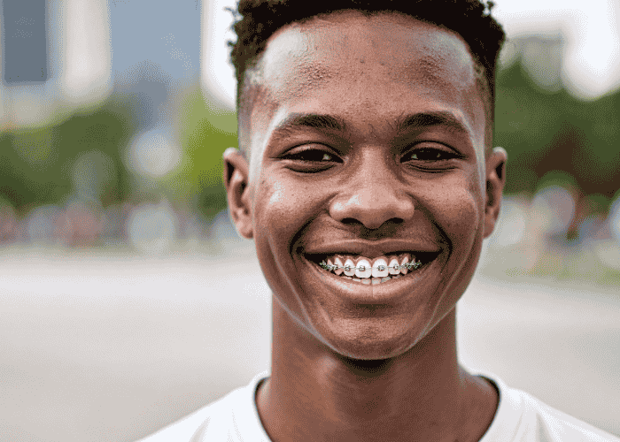 Teen boy outside in city park smiling after support with quality of residential treatment programs