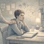 A teenager sitting at a school desk, looking distracted, while a parent places a reassuring hand on their shoulder in a calm, supportive home study environment, showcasing how to help a child with ADHD in school