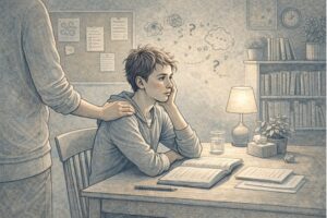 A teenager sitting at a school desk, looking distracted, while a parent places a reassuring hand on their shoulder in a calm, supportive home study environment.