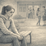A teenager sitting alone on a school bench while others socialize, capturing the isolation of social anxiety.