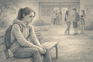 A teenager sitting alone on a school bench while others socialize, capturing the isolation of social anxiety.